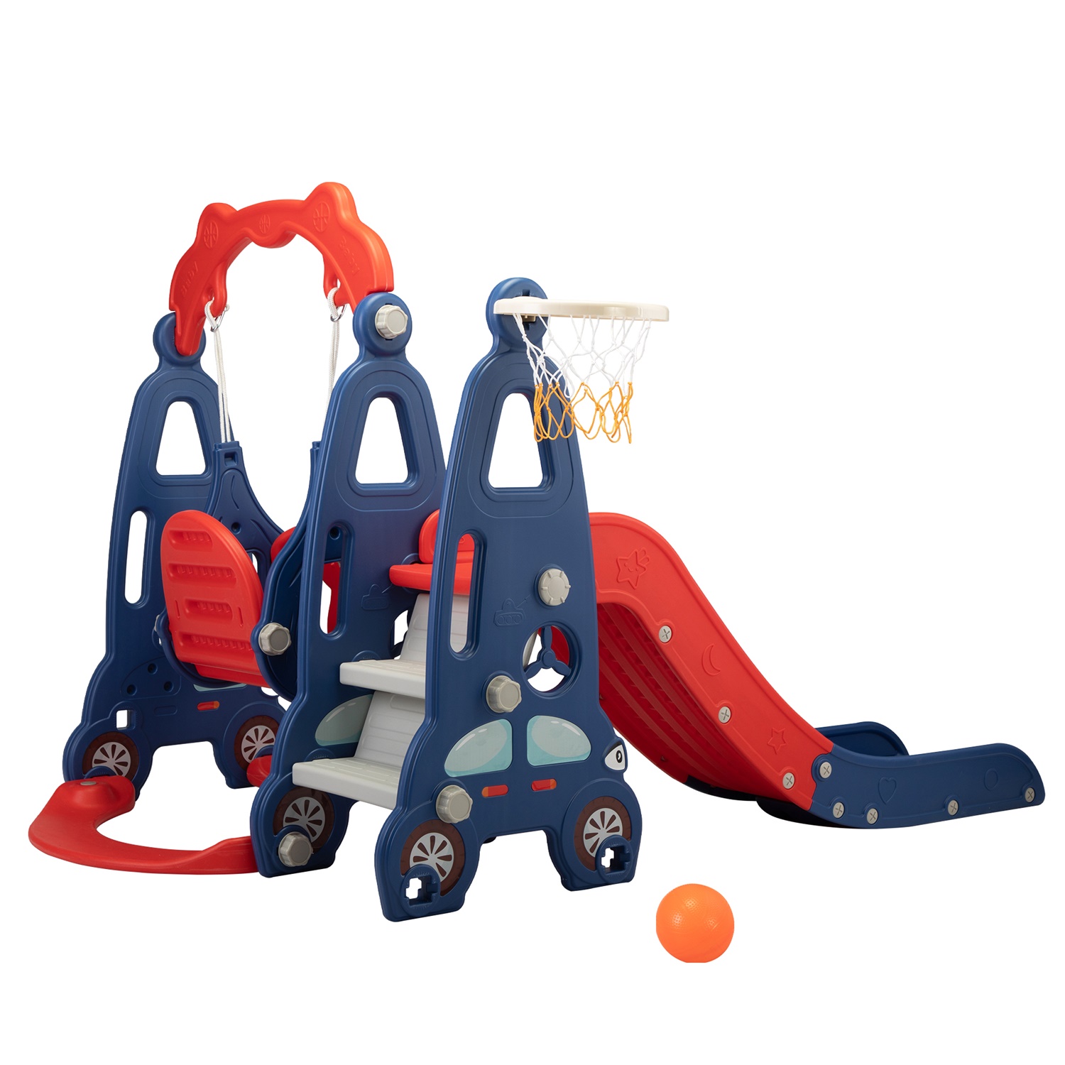 CIPACHO 3 in 1 Kids Slide and Swing Set with Basketball Hoops, Indoor Outdoor, Red