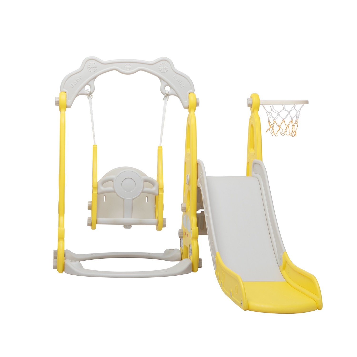 CIPACHO 3 in 1 Kids Slide and Swing Set with Basketball Hoops, Indoor Outdoor, Yellow