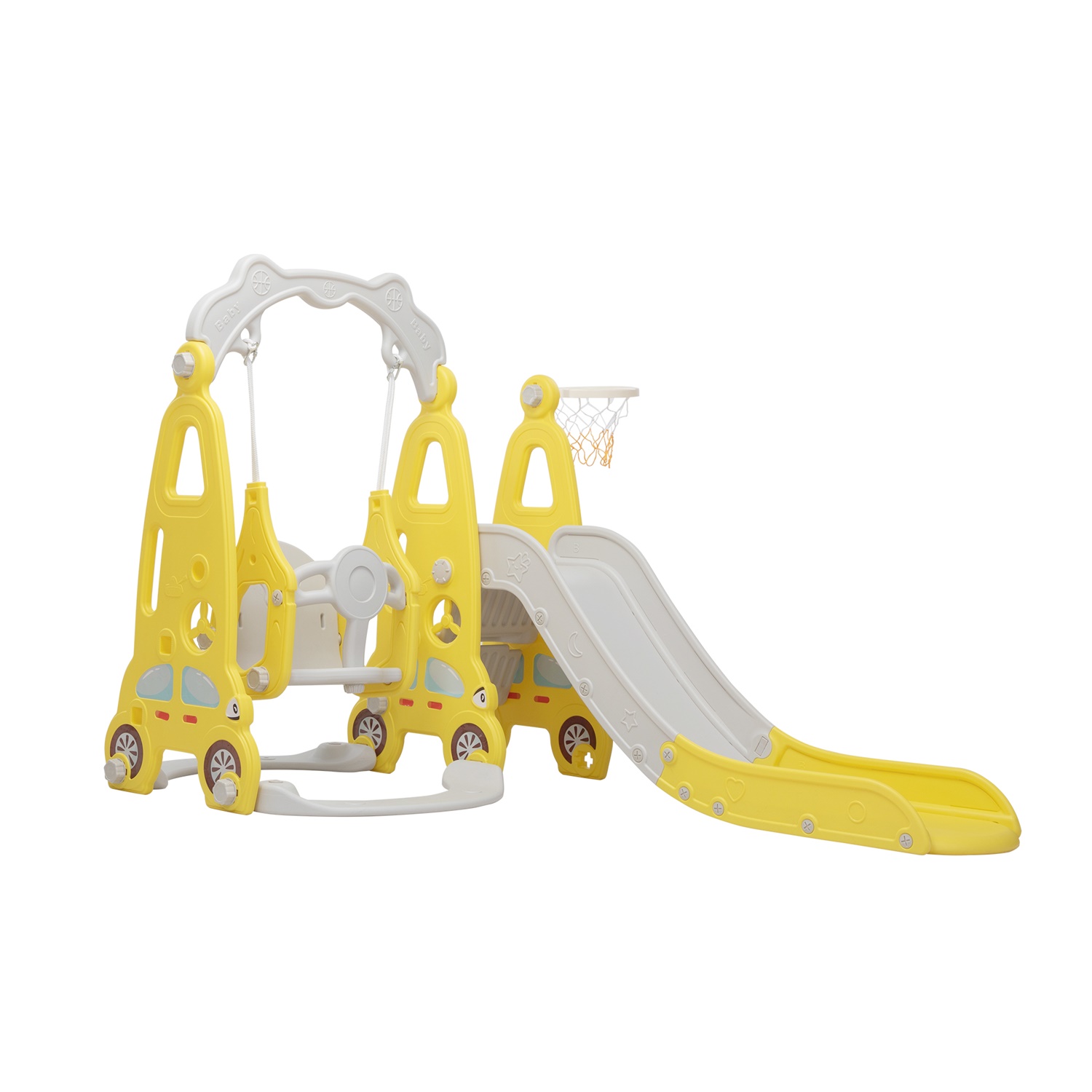 CIPACHO 3 in 1 Kids Slide and Swing Set with Basketball Hoops, Indoor Outdoor, Yellow