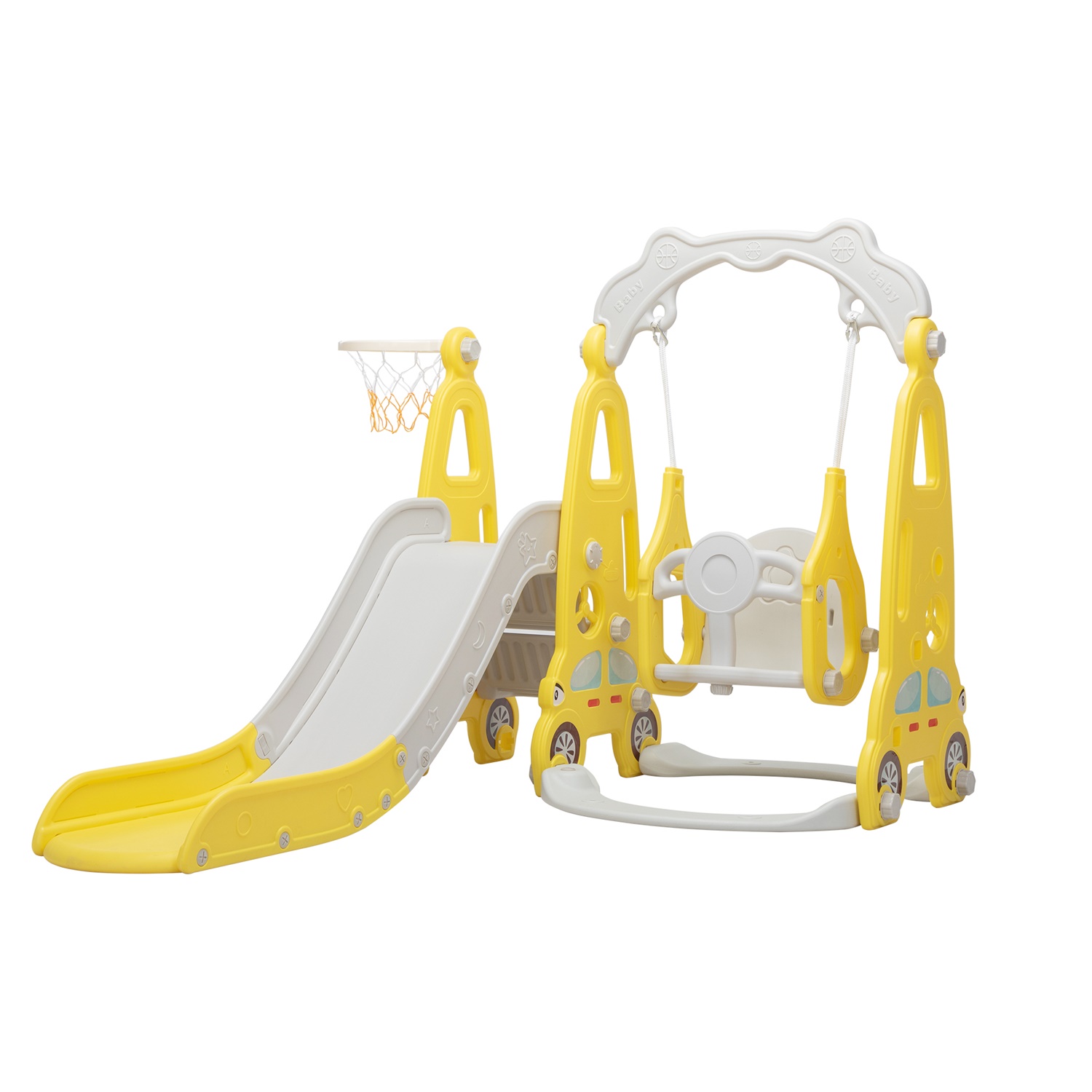 CIPACHO 3 in 1 Kids Slide and Swing Set with Basketball Hoops, Indoor Outdoor, Yellow