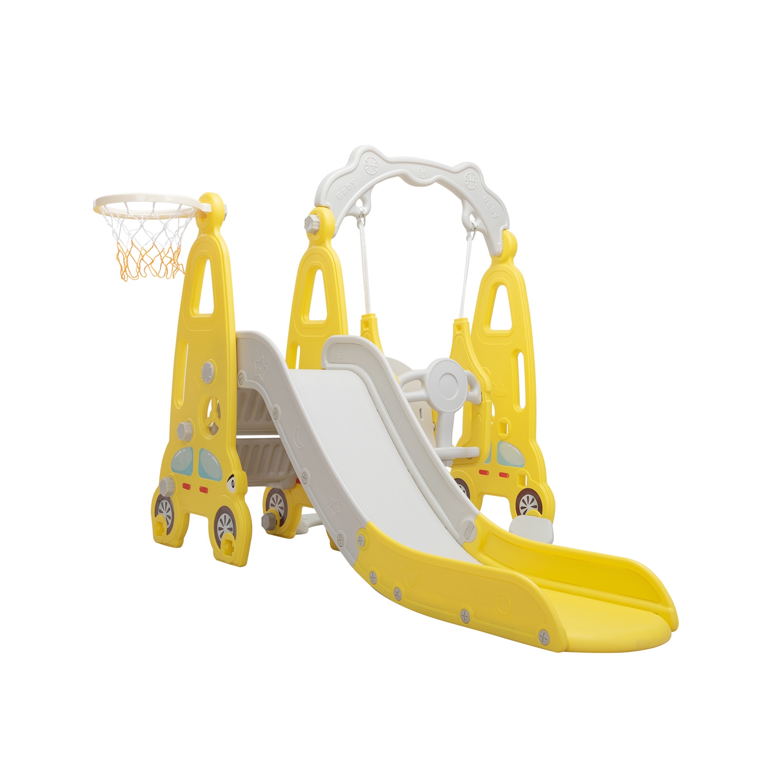 CIPACHO 3 in 1 Kids Slide and Swing Set with Basketball Hoops, Indoor Outdoor, Yellow