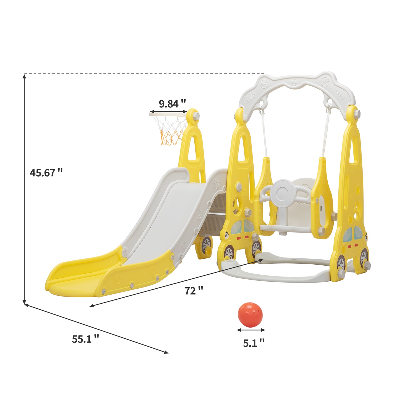 CIPACHO 3 in 1 Kids Slide and Swing Set with Basketball Hoops, Indoor Outdoor, Yellow