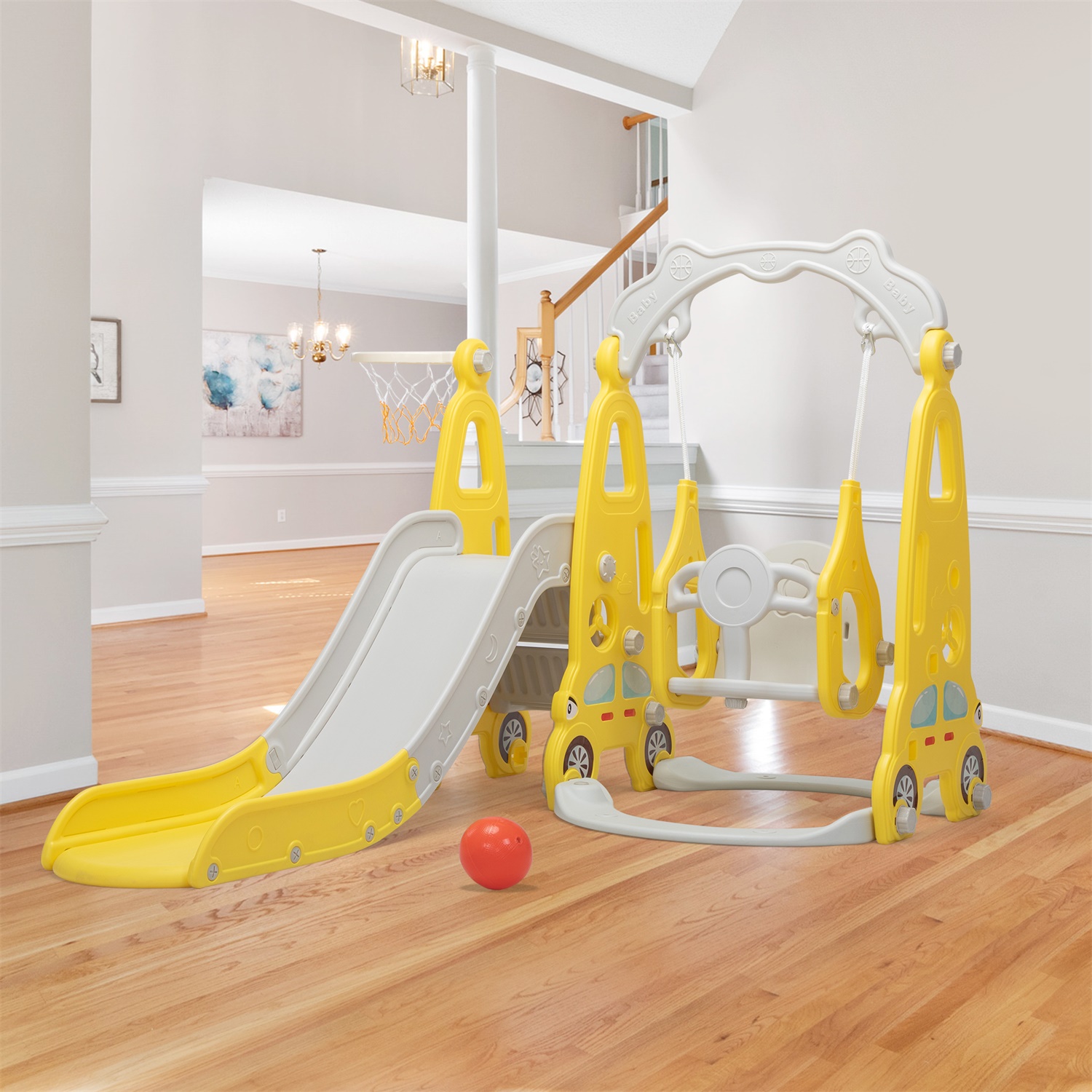 CIPACHO 3 in 1 Kids Slide and Swing Set with Basketball Hoops for Toddlers 1-5 Years, Indoor Outdoor Playground, Yellow