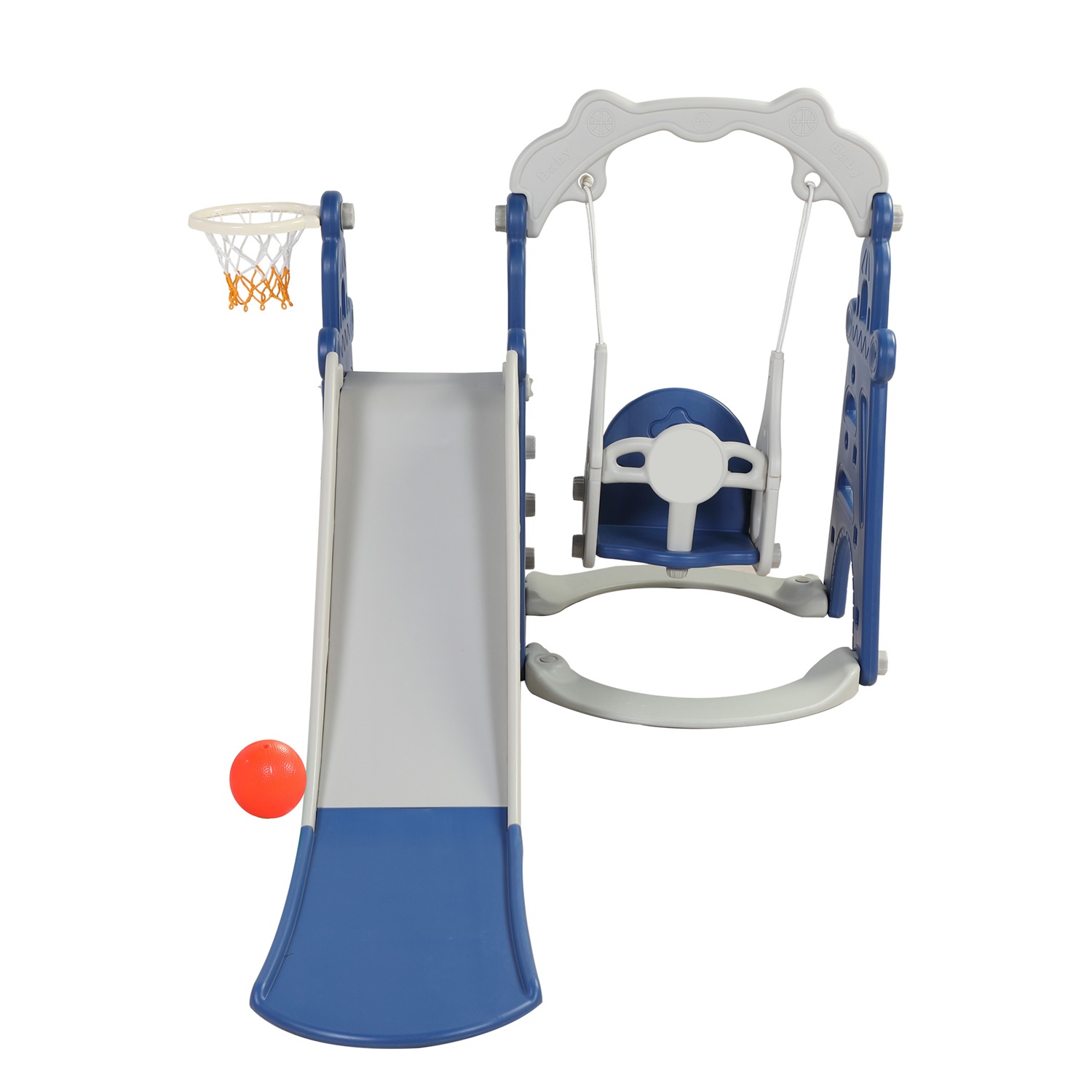 CIPACHO 3 in 1 Kids Slide and Swing Set with Basketball Hoops, Indoor Outdoor, Blue