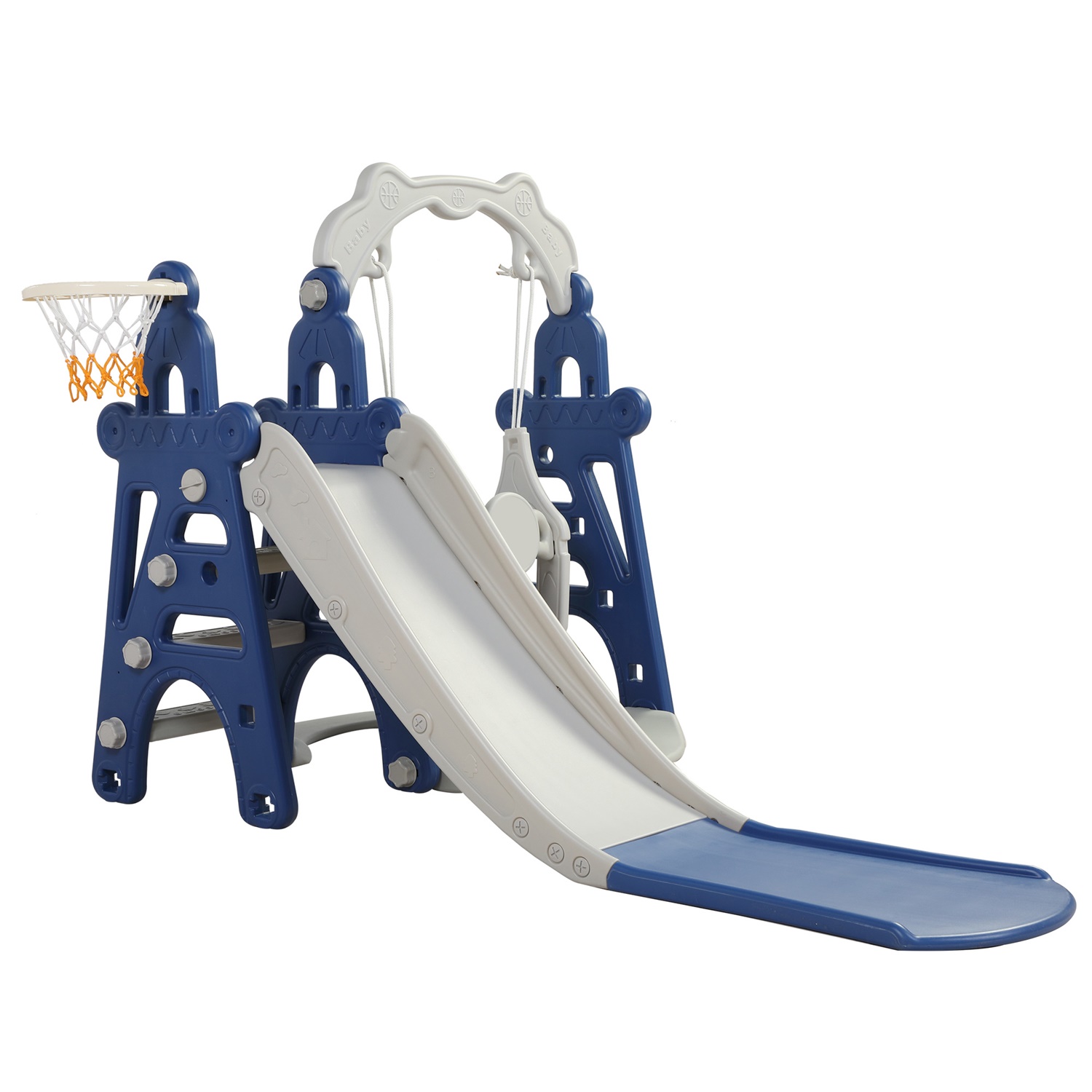 CIPACHO 3 in 1 Kids Slide and Swing Set with Basketball Hoops, Indoor Outdoor, Blue