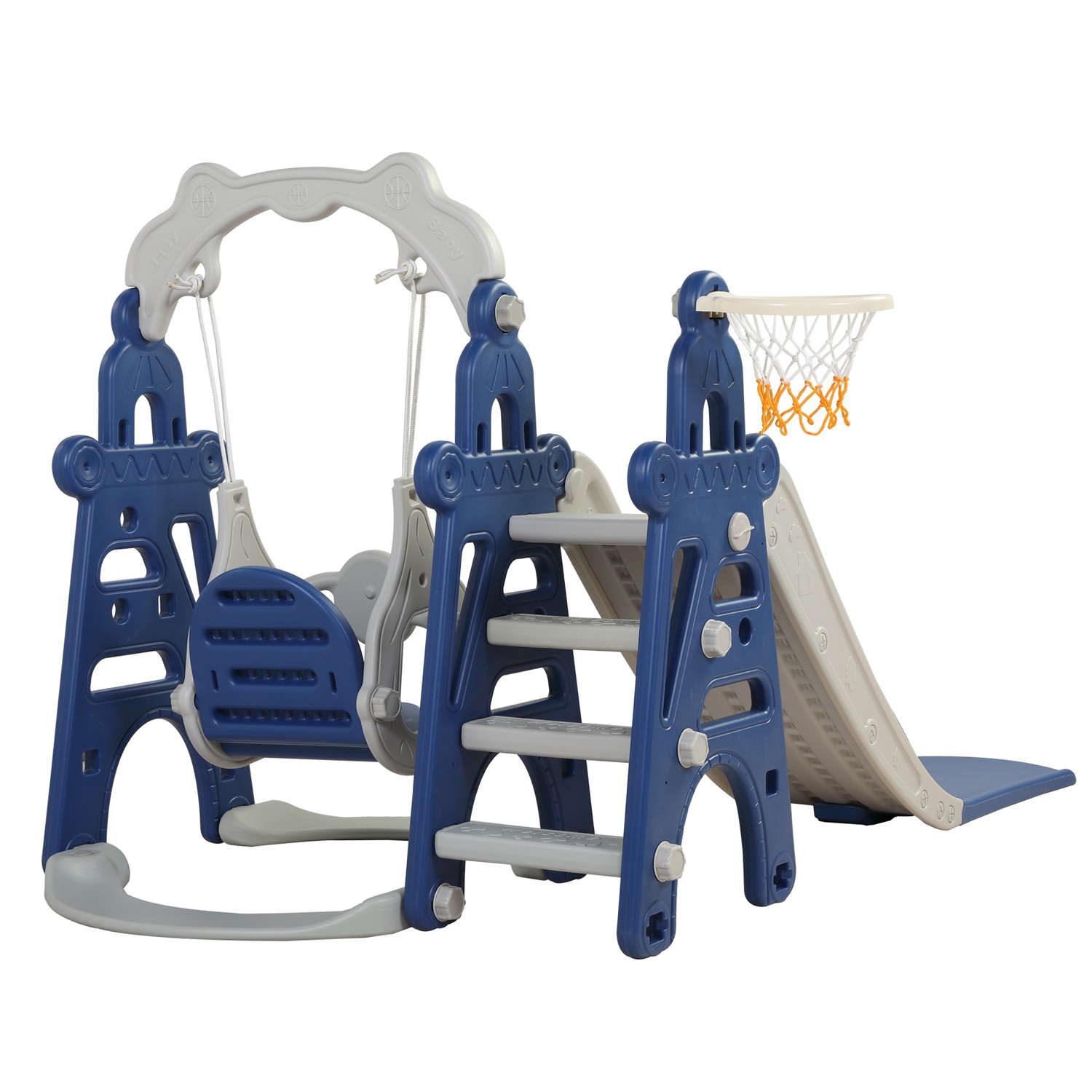 CIPACHO 3 in 1 Kids Slide and Swing Set with Basketball Hoops, Indoor Outdoor, Blue