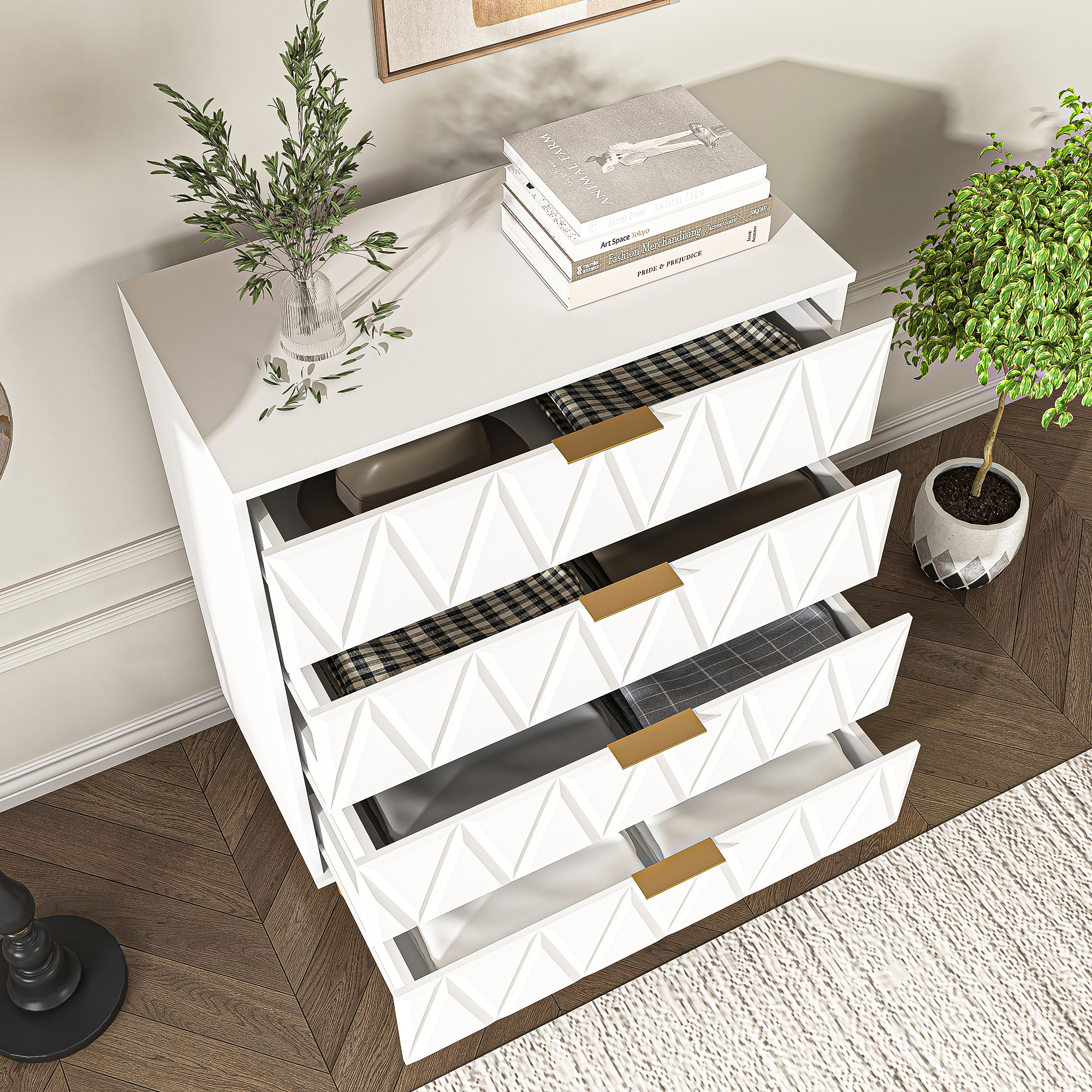 Spaco Dresser for Bedroom 4 Drawers Dresser Chest of Drawer Bedroom Furniture, White Dresser Three-dimensional Engraved Drawer Board