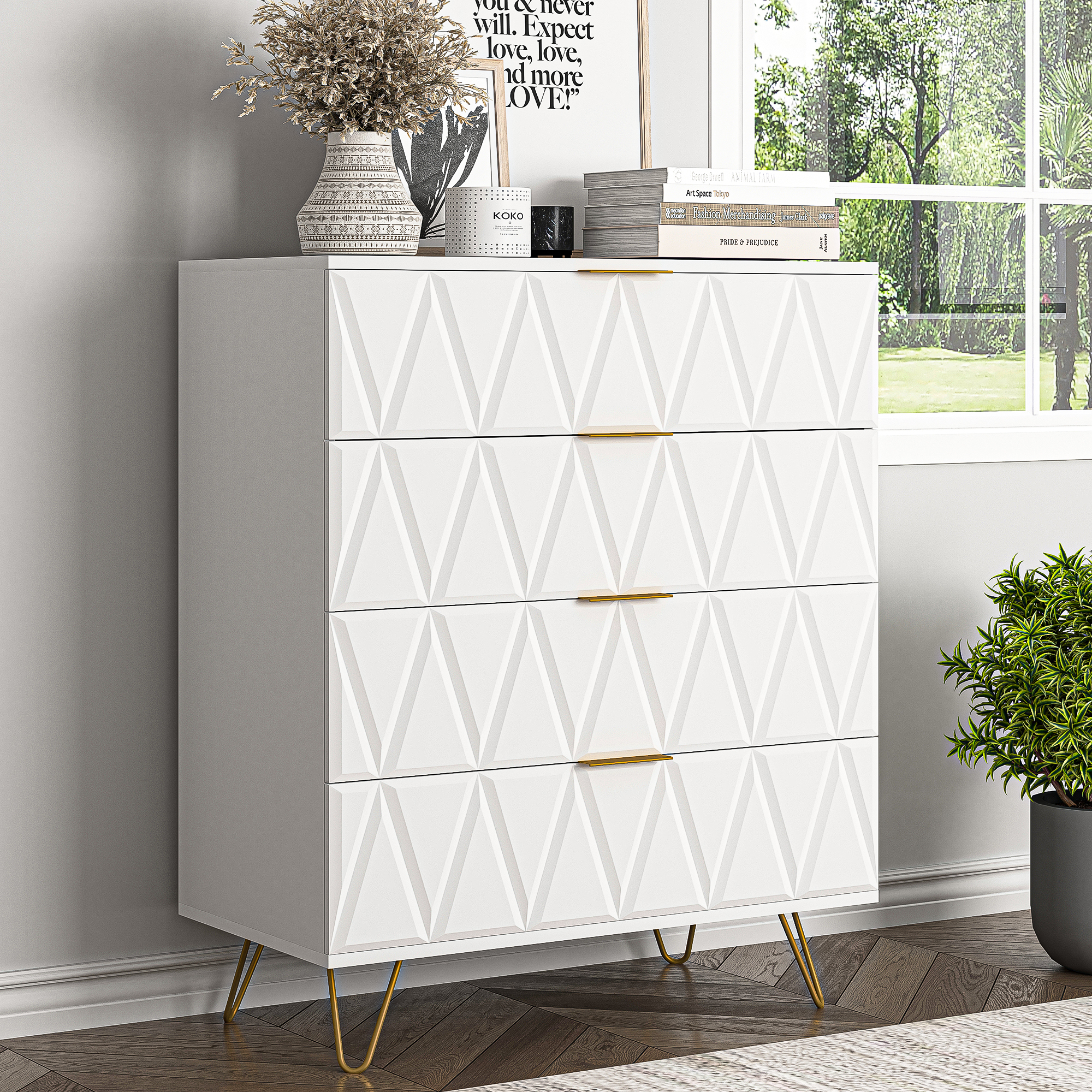 Spaco Dresser for Bedroom 4 Drawers Dresser Chest of Drawer Bedroom Furniture, White Dresser Three-dimensional Engraved Drawer Board