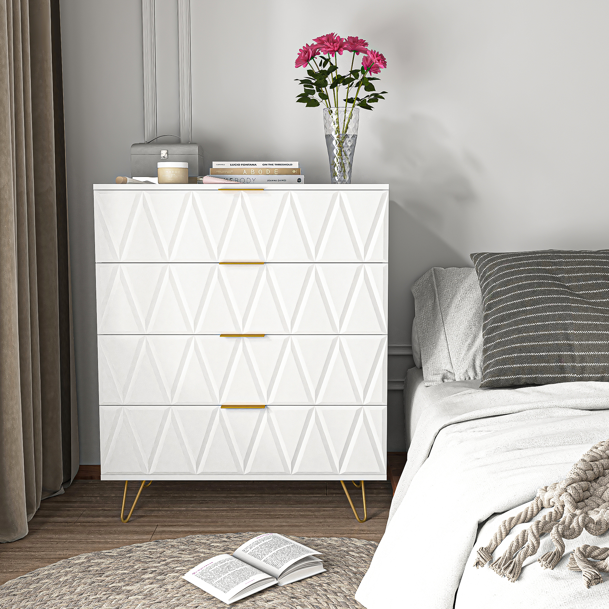 Spaco Dresser for Bedroom 4 Drawers Dresser Chest of Drawer Bedroom Furniture, White Dresser Three-dimensional Engraved Drawer Board