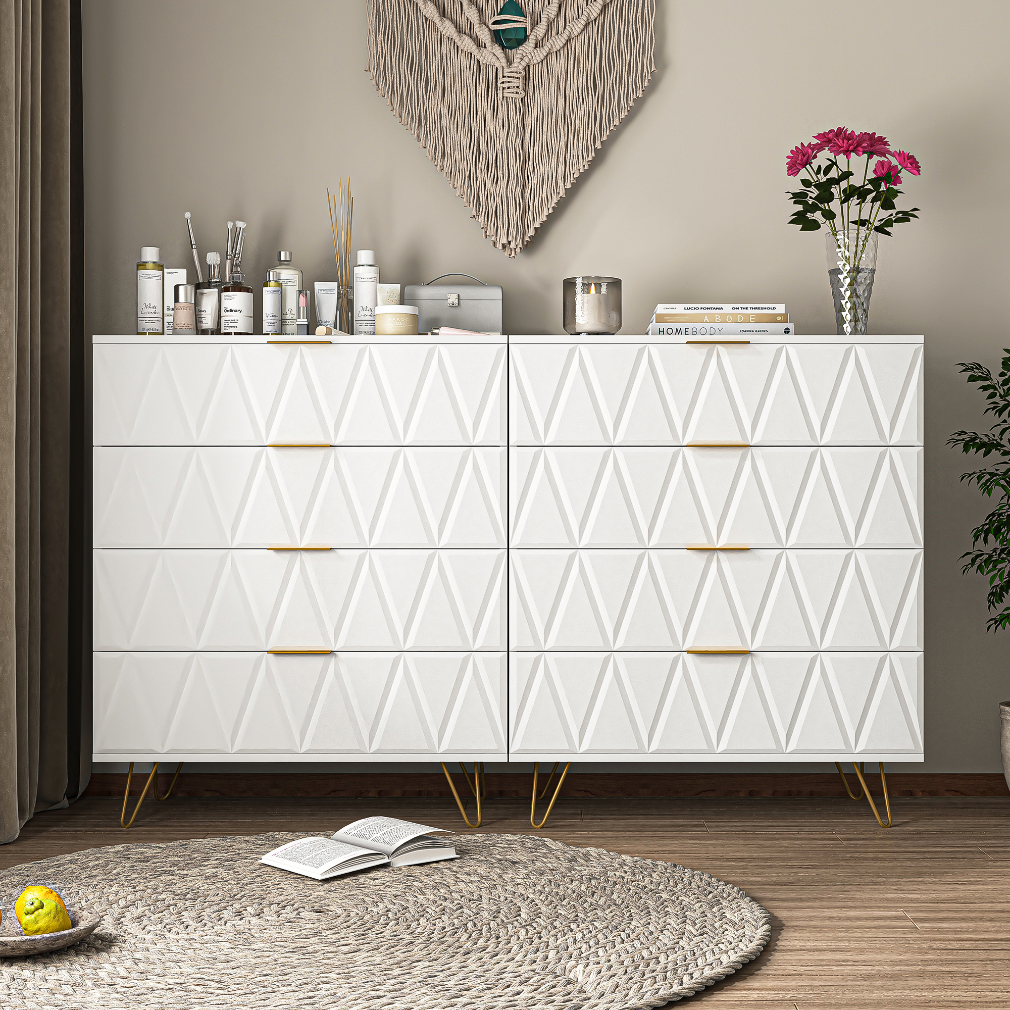 Spaco Dresser for Bedroom 4 Drawers Dresser Chest of Drawer Bedroom Furniture, White Dresser Three-dimensional Engraved Drawer Board