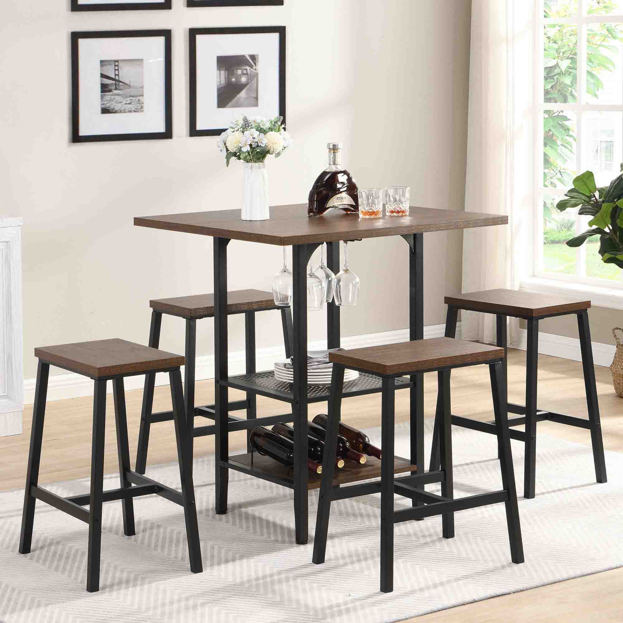 Kadyn Bar Table and Chairs Set for 4, 5-Piece Bar Height Dining Set with Shelves and Glass Holders, Brown