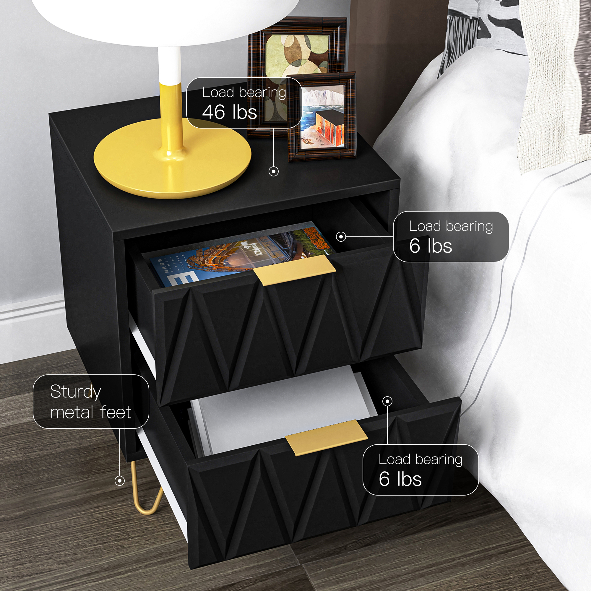 Spaco Nightstand with Drawers Bedside Tables Bedroom Nightstand, Black