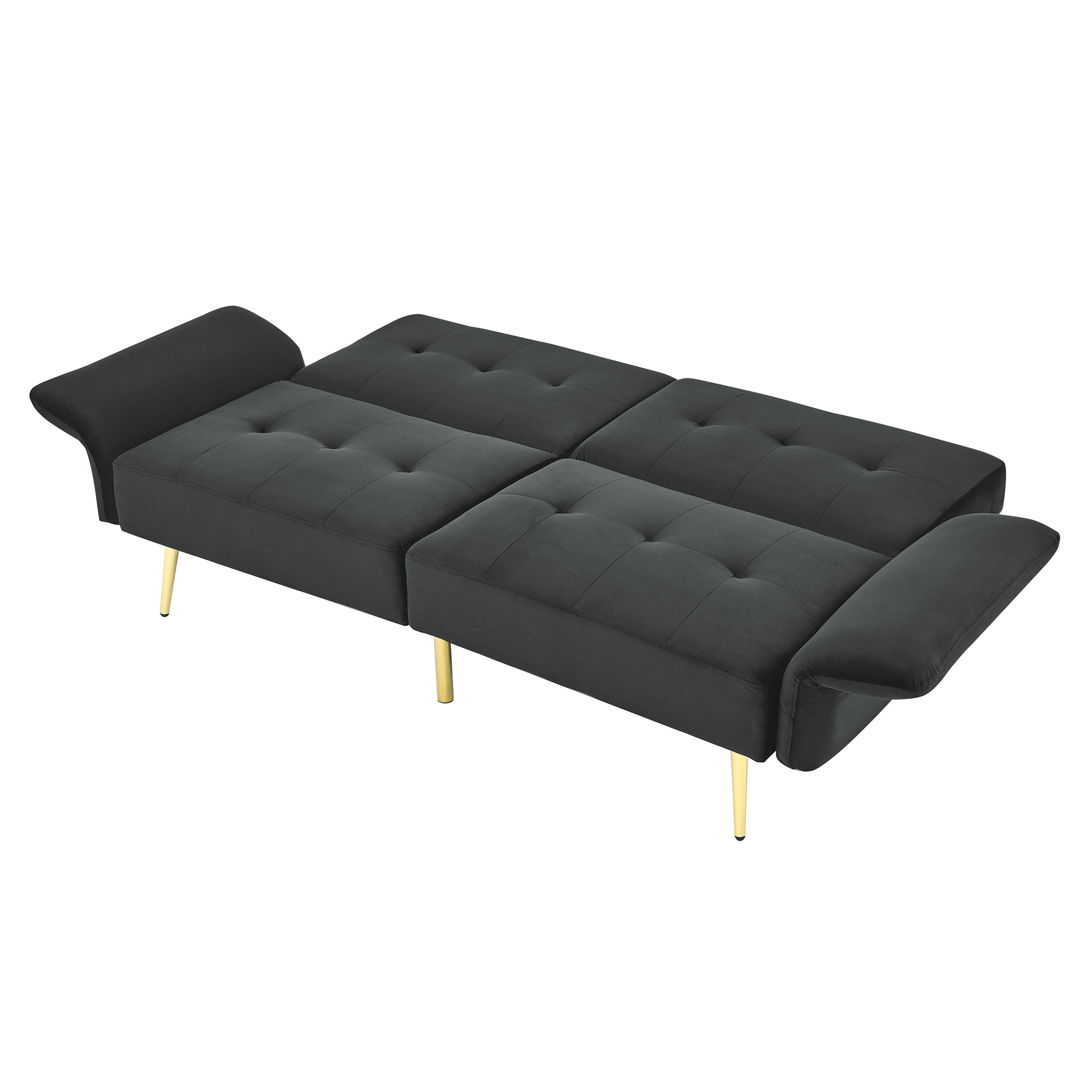 Canddidliike Velvet Futon Sofa Bed, Convertible Sleeper Loveseat Couch with Folded Armrests and Storage Bags for Living Room and Small Space, Black 280g velvet