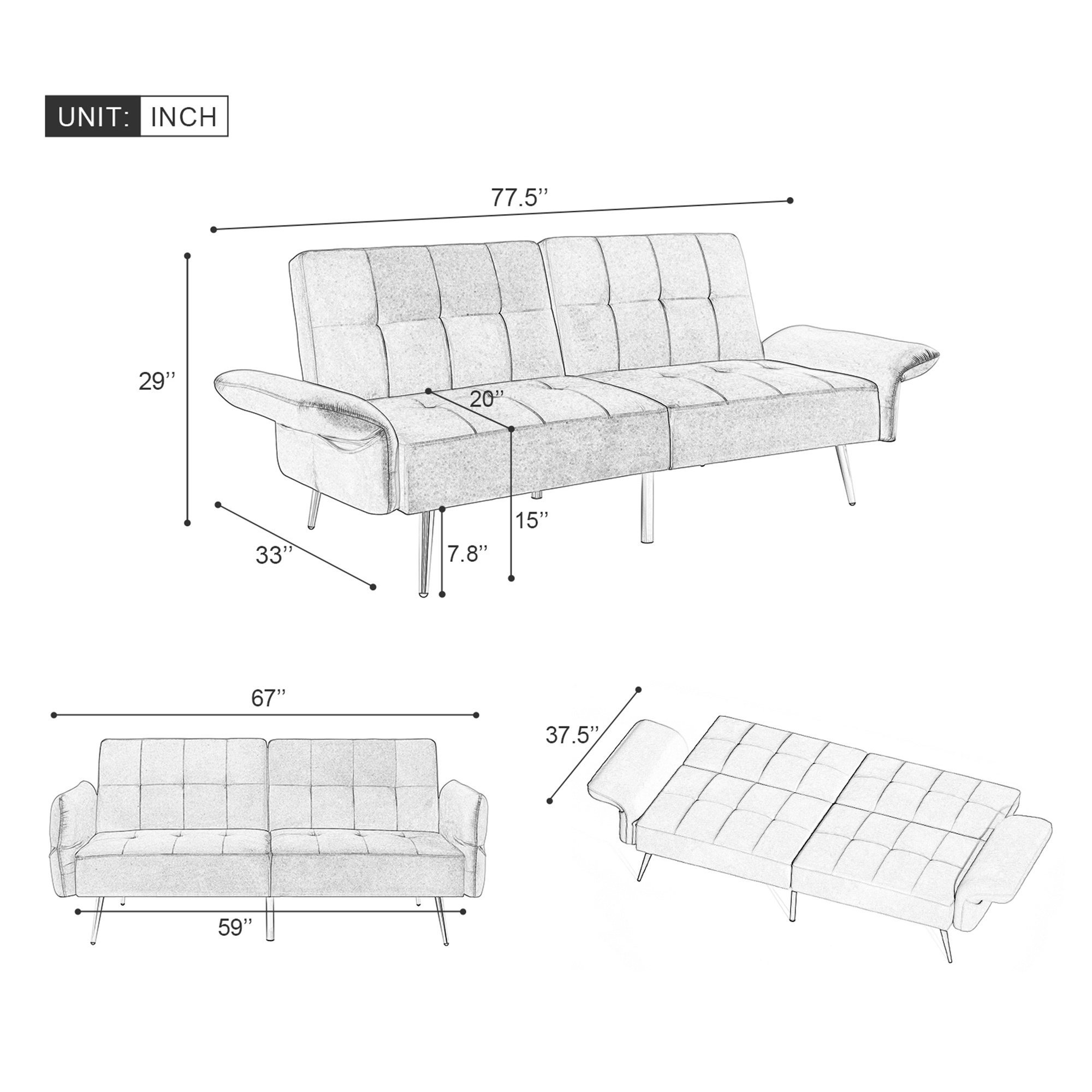 Canddidliike Velvet Futon Sofa Bed, Convertible Sleeper Loveseat Couch with Folded Armrests and Storage Bags for Living Room and Small Space, Gray 280g velvet