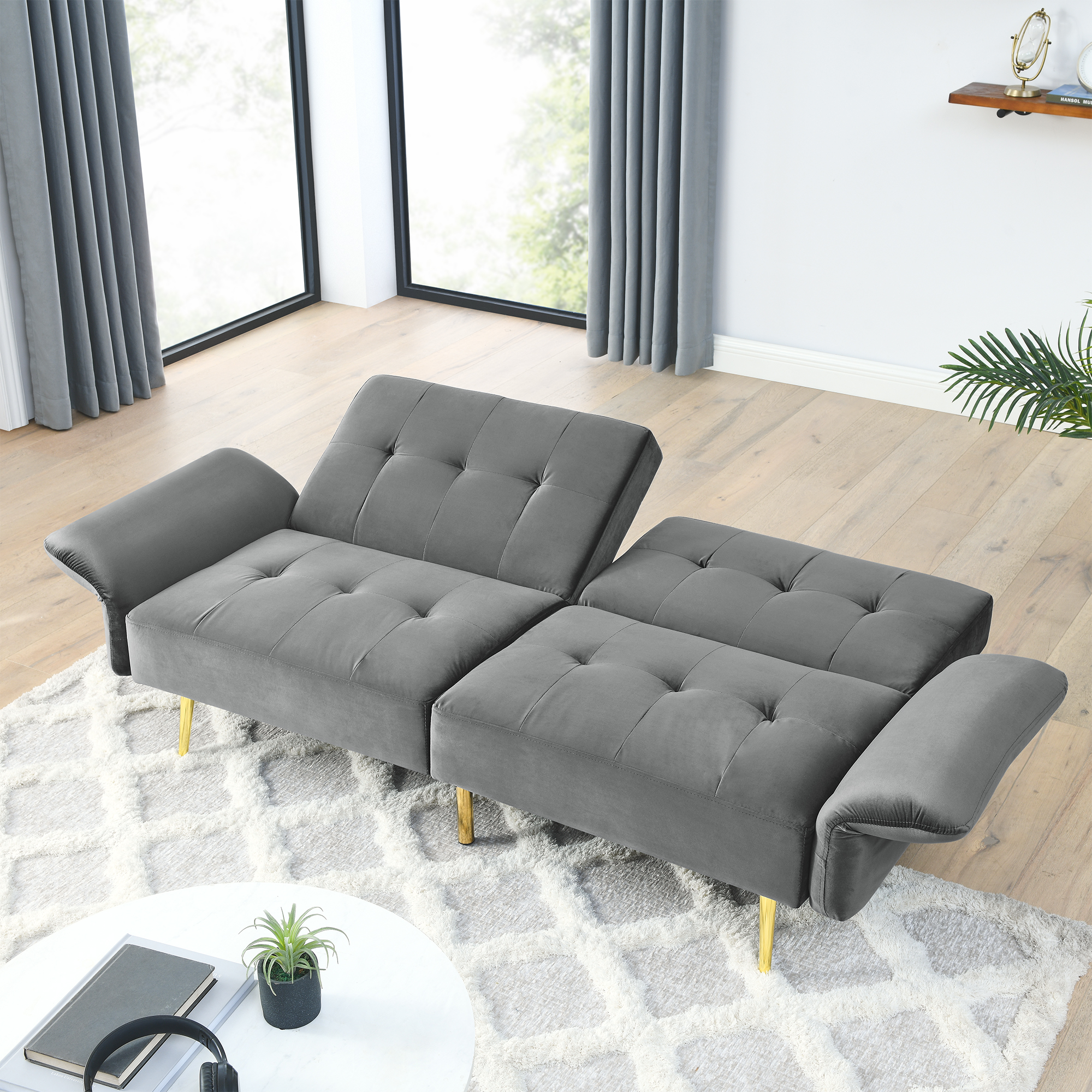 Canddidliike Velvet Futon Sofa Bed, Convertible Sleeper Loveseat Couch with Folded Armrests and Storage Bags for Living Room and Small Space, Gray 280g velvet