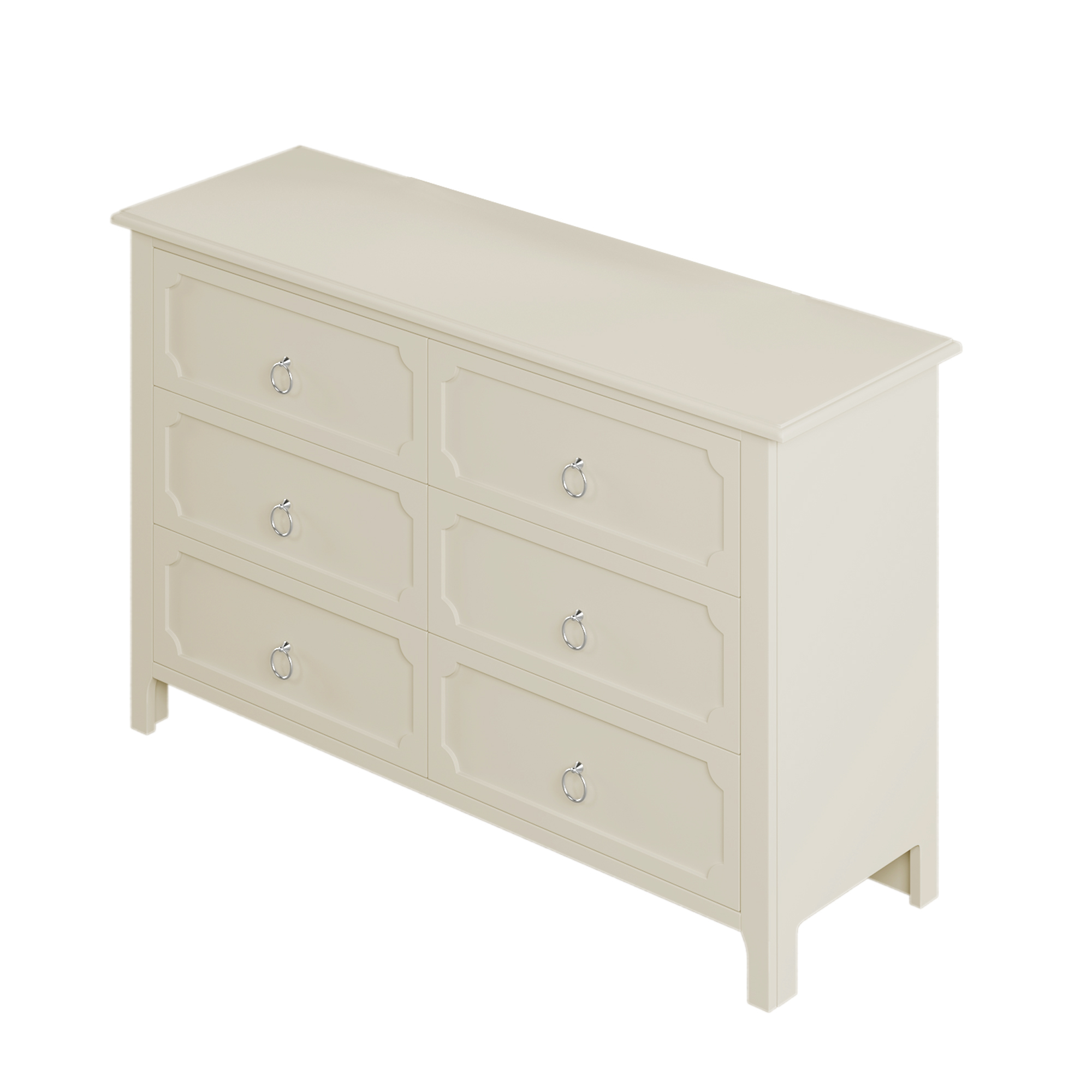 Resenkos Wooden 6 Drawers Double Dresser with Silver Metal Handles for Bedroom Milky White